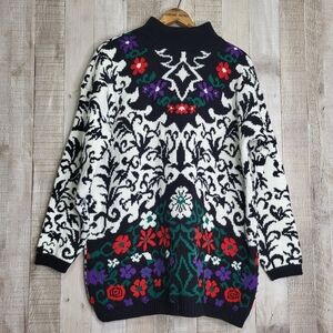 Black & White Floral Thick Sweater with Red, Green & Purple Accents. Size Large.